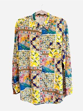 Terez Amalfi Coast Patchwork Print Long Sleeve Blouse Top, Size Medium